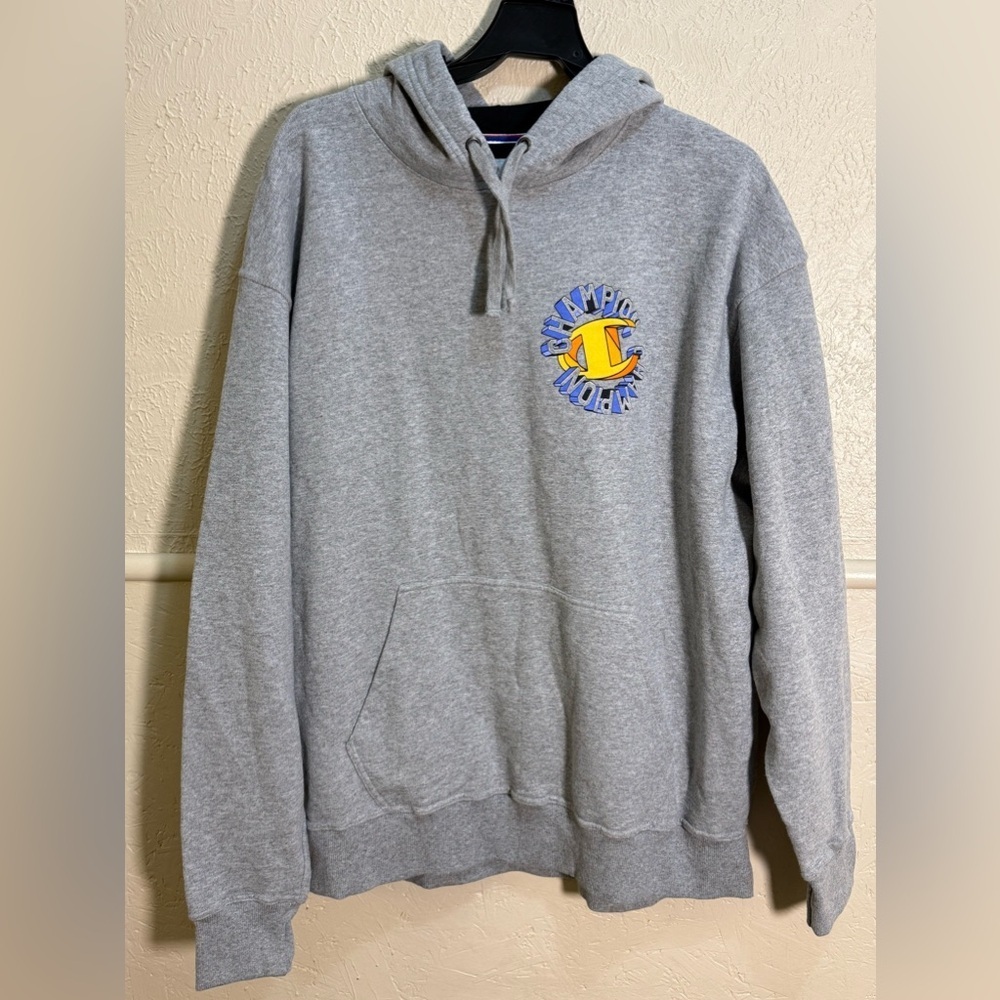 Champion XL Men’s Gray Hoodie Yellow and Purple Logo EUC